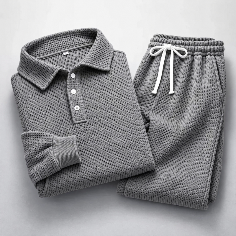 Men's Waffle-Knit Polo and Drawstring Trouser Set in Grey – folded detail view | Hensley London