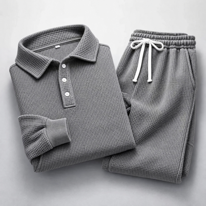 Men's Waffle-Knit Polo and Drawstring Trouser Set in Grey – folded detail view | Hensley London