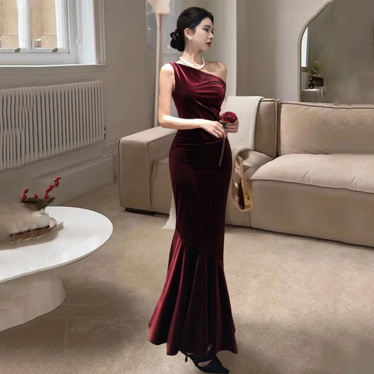 Women's Evening Gown Wine Red Velvet Mermaid Silhouette-1