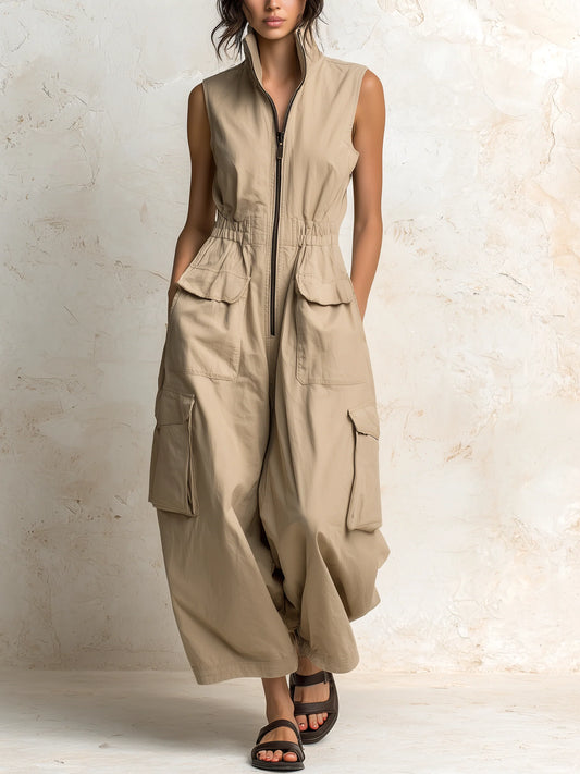 Women's Zip-Front Utility Cargo Jumpsuit in Beige – Product view | Hensley London