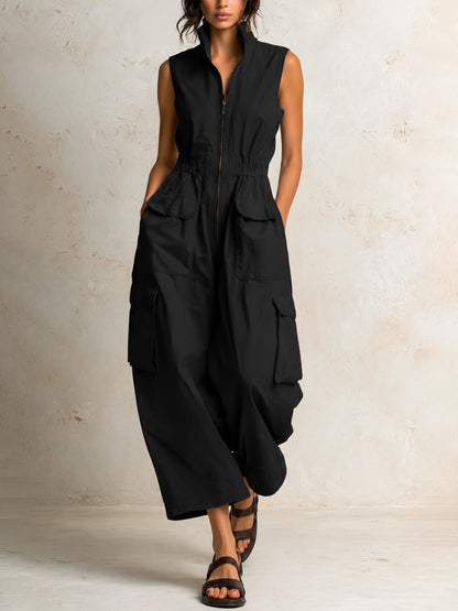 Women's Zip-Front Utility Cargo Jumpsuit in Black – Product view | Hensley London