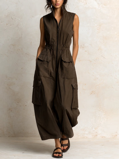 Women's Zip-Front Utility Cargo Jumpsuit in Brown – Product view | Hensley London