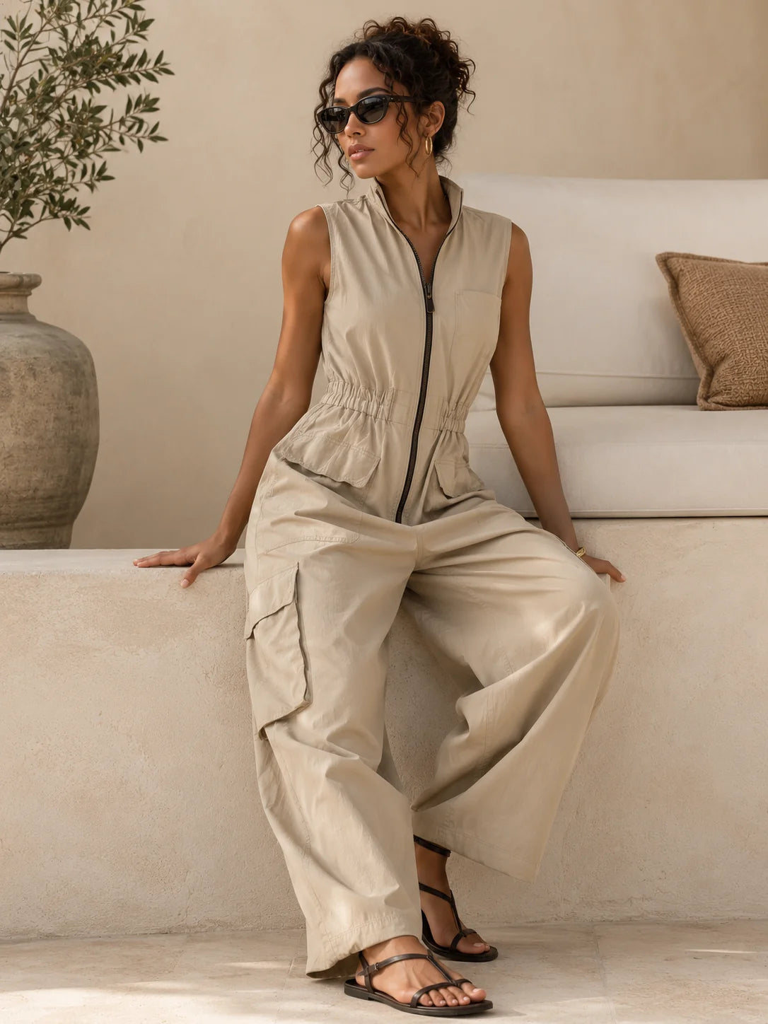 Women's Zip-Front Utility Cargo Jumpsuit – Product view | Hensley London