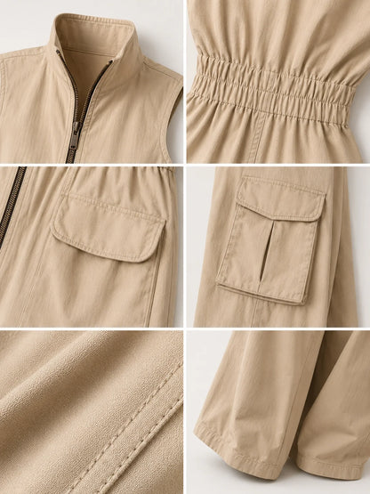 Women's Zip-Front Utility Cargo Jumpsuit – Product view | Hensley London
