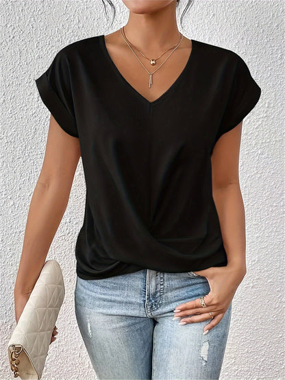 V-Neck Draped Front Blouse for Women – Soft Polyester Blend, Casual and Office Wear 0