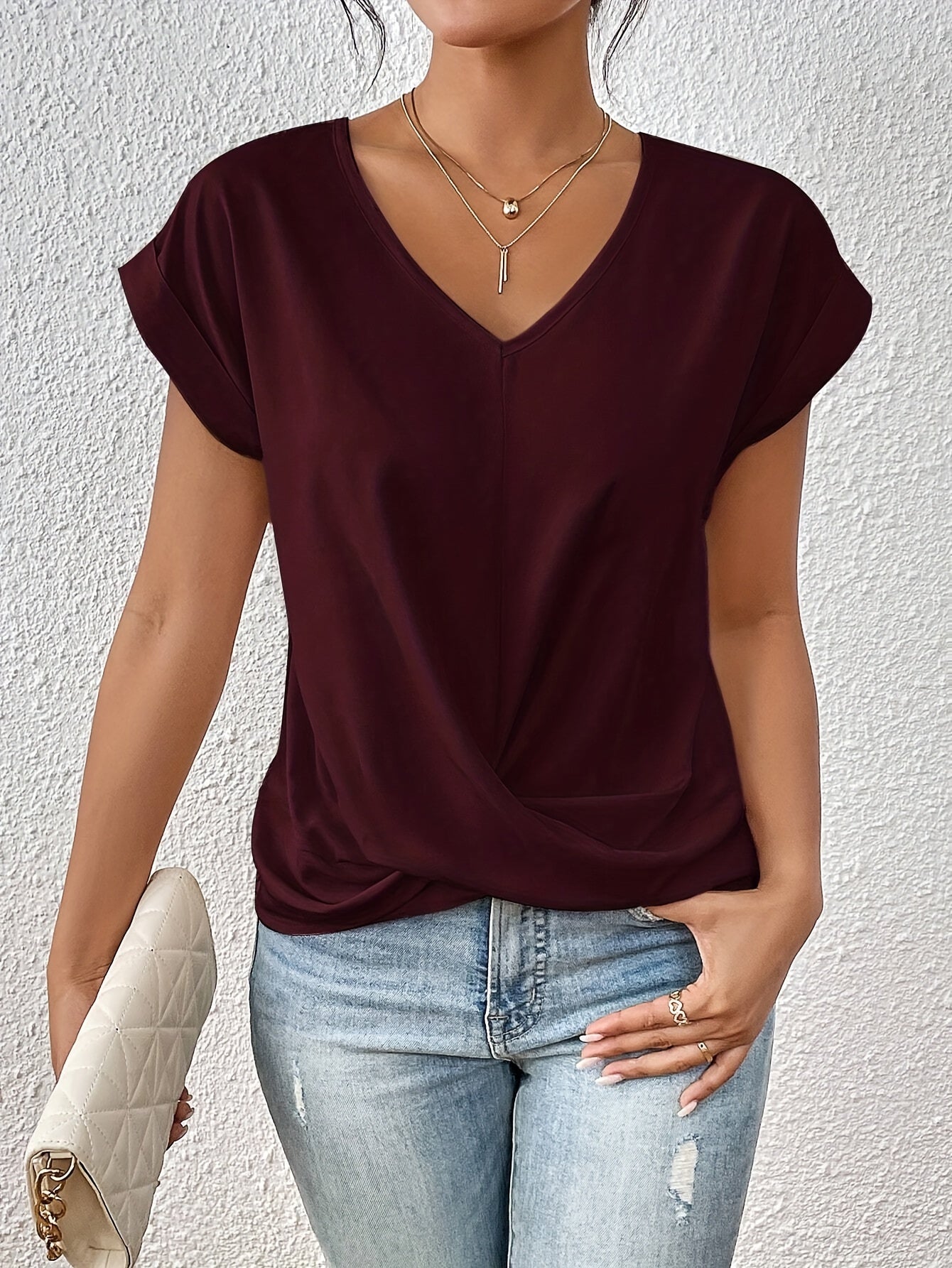 V-Neck Draped Front Blouse for Women – Soft Polyester Blend, Casual and Office Wear 2