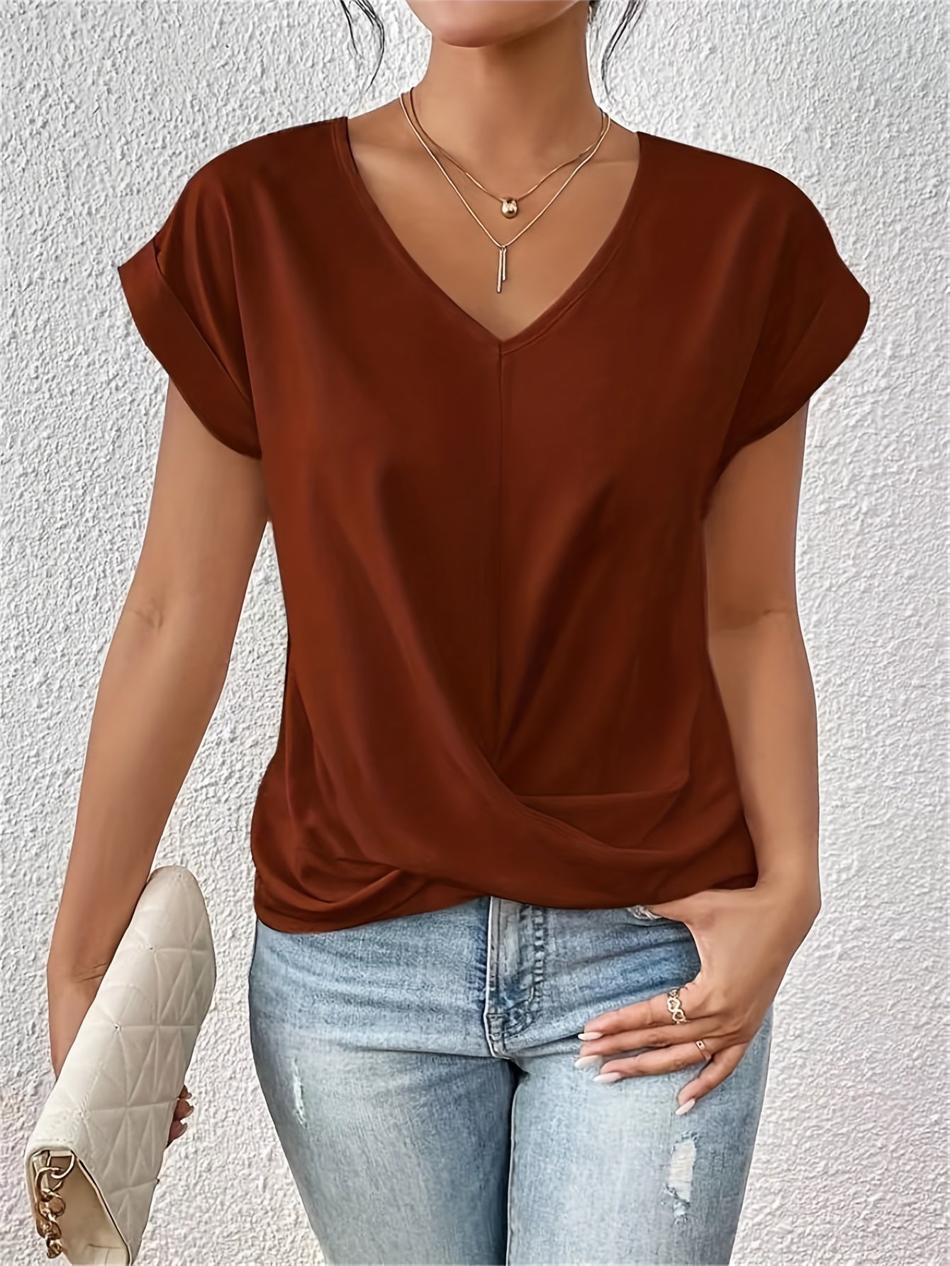 V-Neck Draped Front Blouse for Women – Soft Polyester Blend, Casual and Office Wear 3