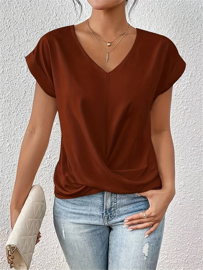 V-Neck Draped Front Blouse for Women – Soft Polyester Blend, Casual and Office Wear 3