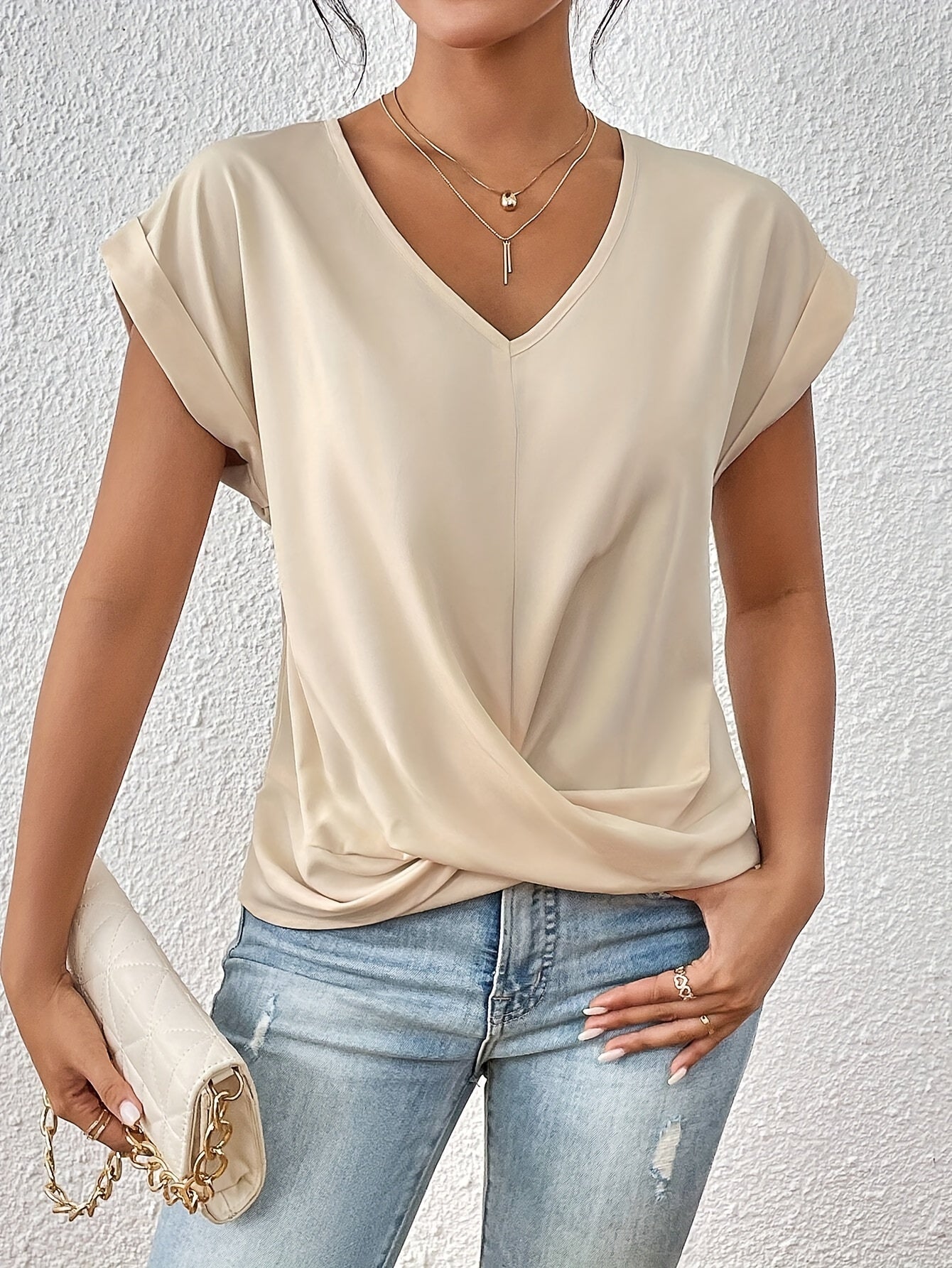 V-Neck Draped Front Blouse for Women – Soft Polyester Blend, Casual and Office Wear 5