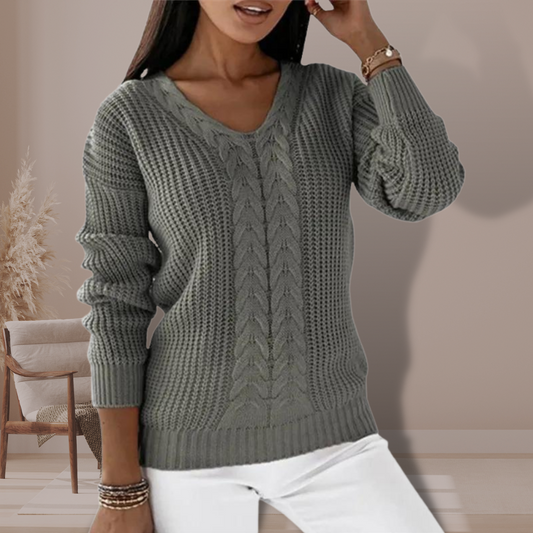 Women's V-Neck Knitted Pullover Sweater - Cozy Casual Wear for Fall and Winter 1