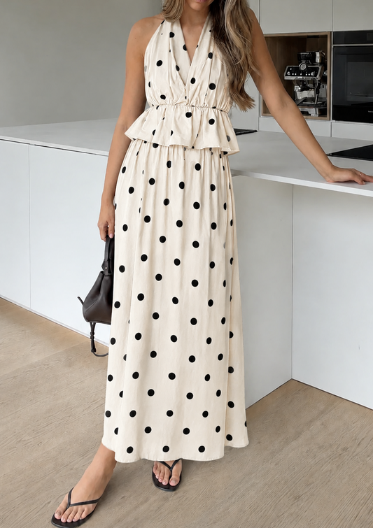 Women's Polka Dot Maxi Dress in Vanilla – front view | Hensley London