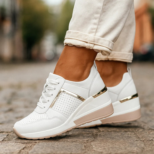 Women's Metallic-Accent Wedge Sneakers in White – product view 1 | Hensley London