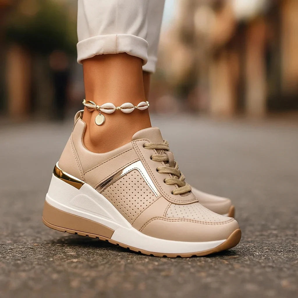 Women's Metallic-Accent Wedge Sneakers in Beige – product view 8 | Hensley London