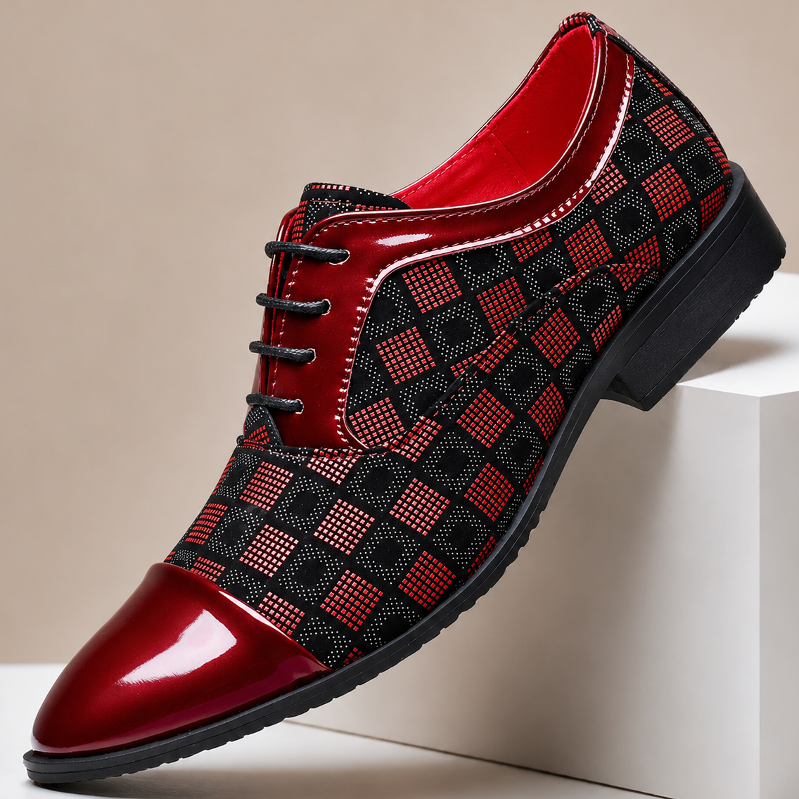 Men's Checker-Panel Leather Lace-Up Dress Shoes in Red - product view | Hensley London