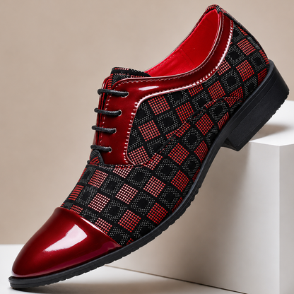 Men's Checker-Panel Leather Lace-Up Dress Shoes in Red - product view | Hensley London