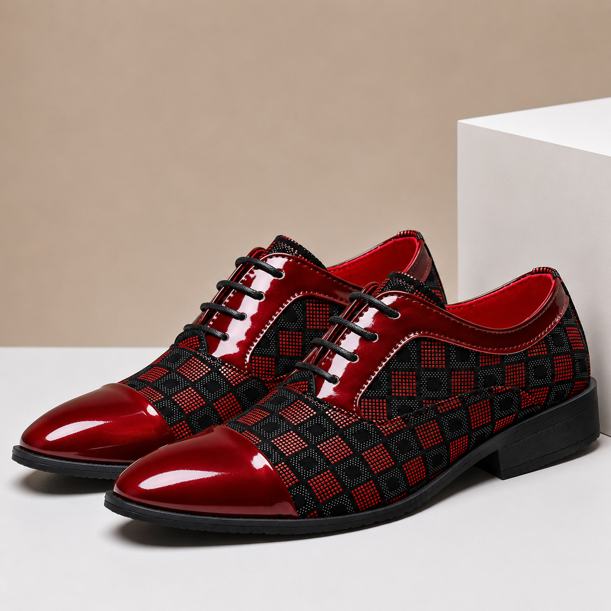 Men's Checker-Panel Leather Lace-Up Dress Shoes in Red - additional view 2 | Hensley London
