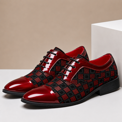 Men's Checker-Panel Leather Lace-Up Dress Shoes in Red - additional view 2 | Hensley London