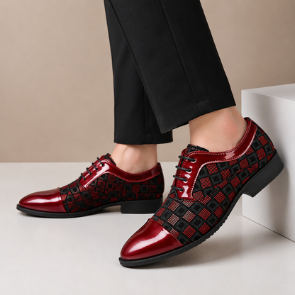 Men's Checker-Panel Leather Lace-Up Dress Shoes in Red - additional view 3 | Hensley London
