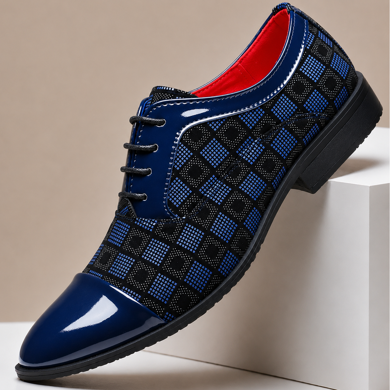 Men's Checker-Panel Leather Lace-Up Dress Shoes in Blue - additional view 4 | Hensley London