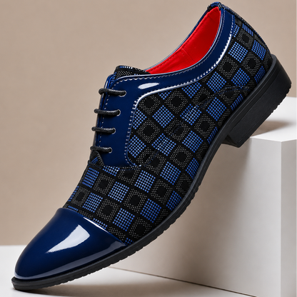 Men's Checker-Panel Leather Lace-Up Dress Shoes in Blue - additional view 4 | Hensley London