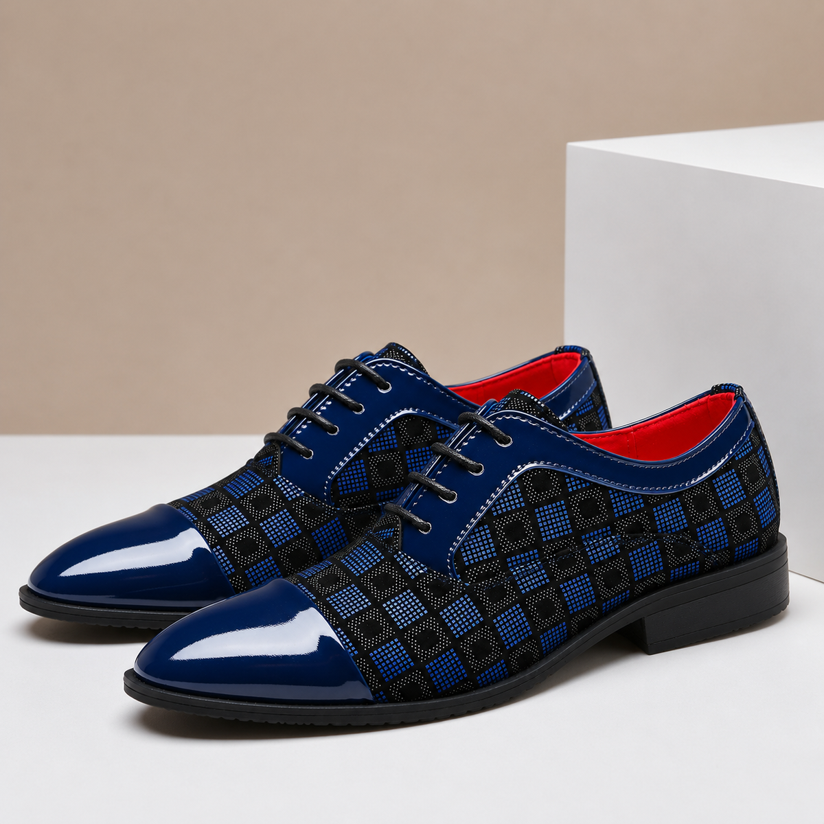 Men's Checker-Panel Leather Lace-Up Dress Shoes in Blue - additional view 5 | Hensley London