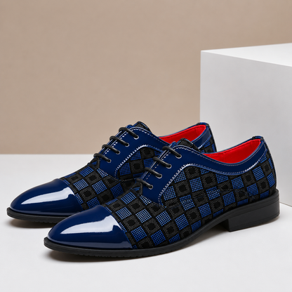 Men's Checker-Panel Leather Lace-Up Dress Shoes in Blue - additional view 5 | Hensley London