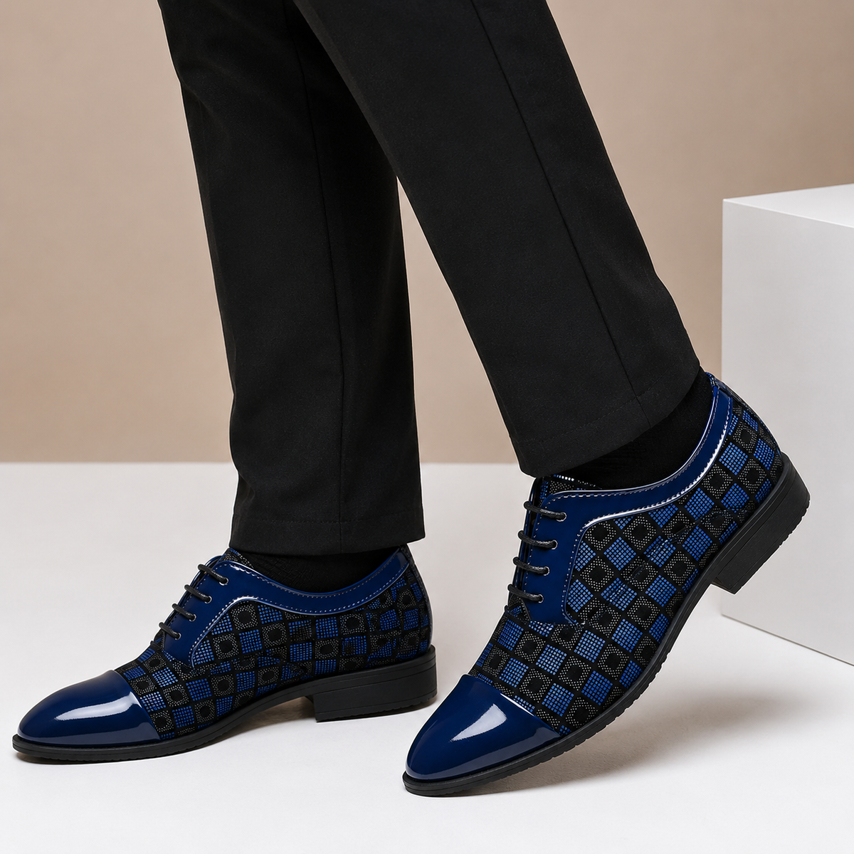 Men's Checker-Panel Leather Lace-Up Dress Shoes in Blue - additional view 6 | Hensley London