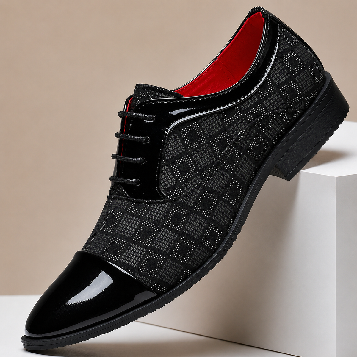 Men's Checker-Panel Leather Lace-Up Dress Shoes in Black - additional view 7 | Hensley London