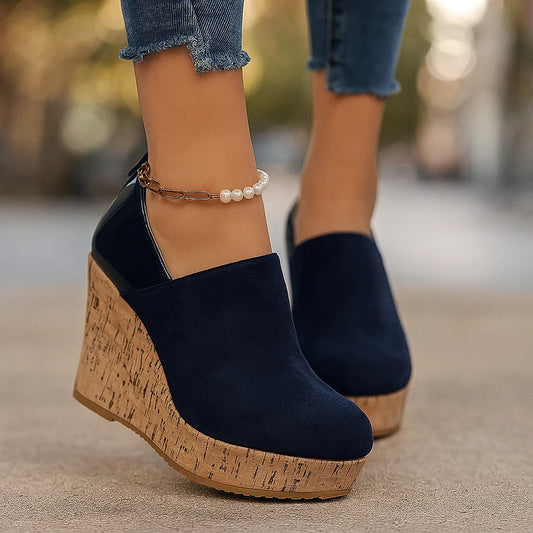 Women's Closed-Toe Wedge Slip-On Shoes in Navy Blue – product view 1 | Hensley London