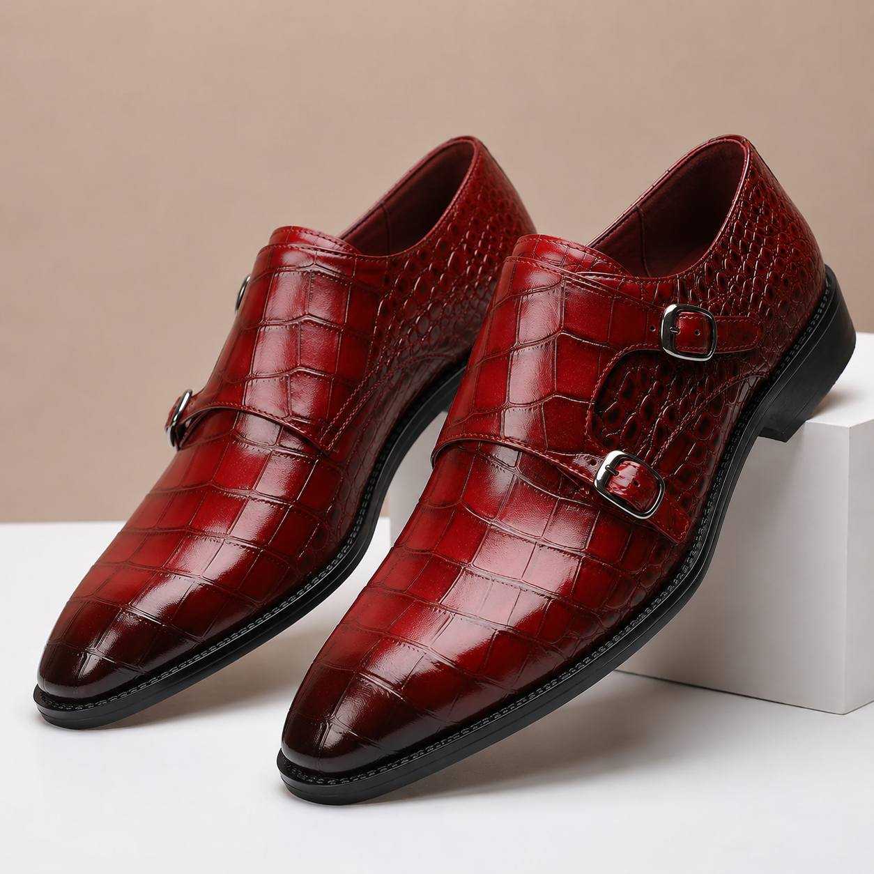 Men's Croc-Embossed Leather Double Monk Dress Shoes – angled view | Hensley London