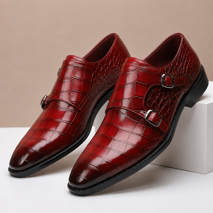 Men's Croc-Embossed Leather Double Monk Dress Shoes – angled view | Hensley London