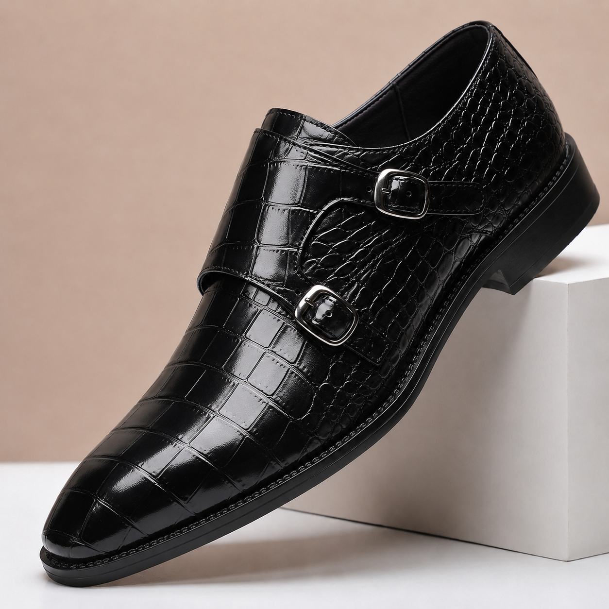 Men's Croc-Embossed Leather Double Monk Dress Shoes – styled view | Hensley London