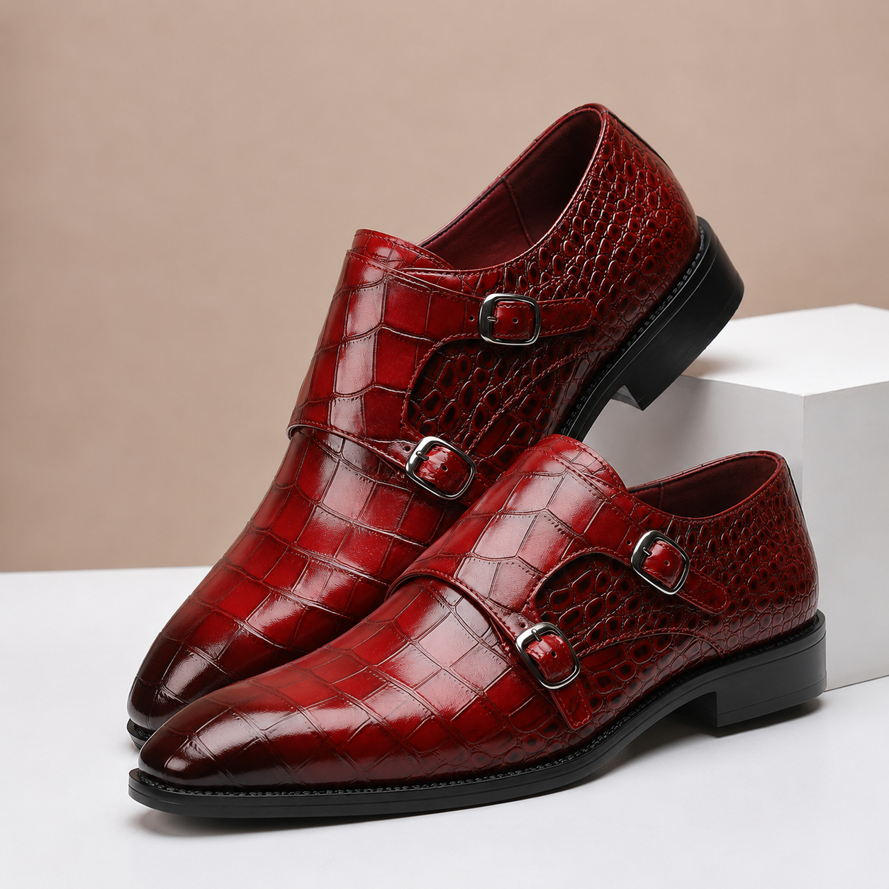 Men's Croc-Embossed Leather Double Monk Dress Shoes – front view | Hensley London