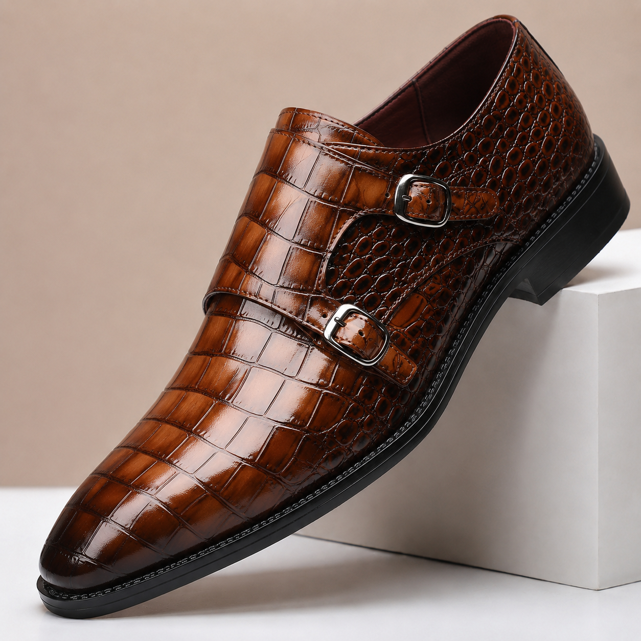 Men's Croc-Embossed Leather Double Monk Dress Shoes – back view | Hensley London