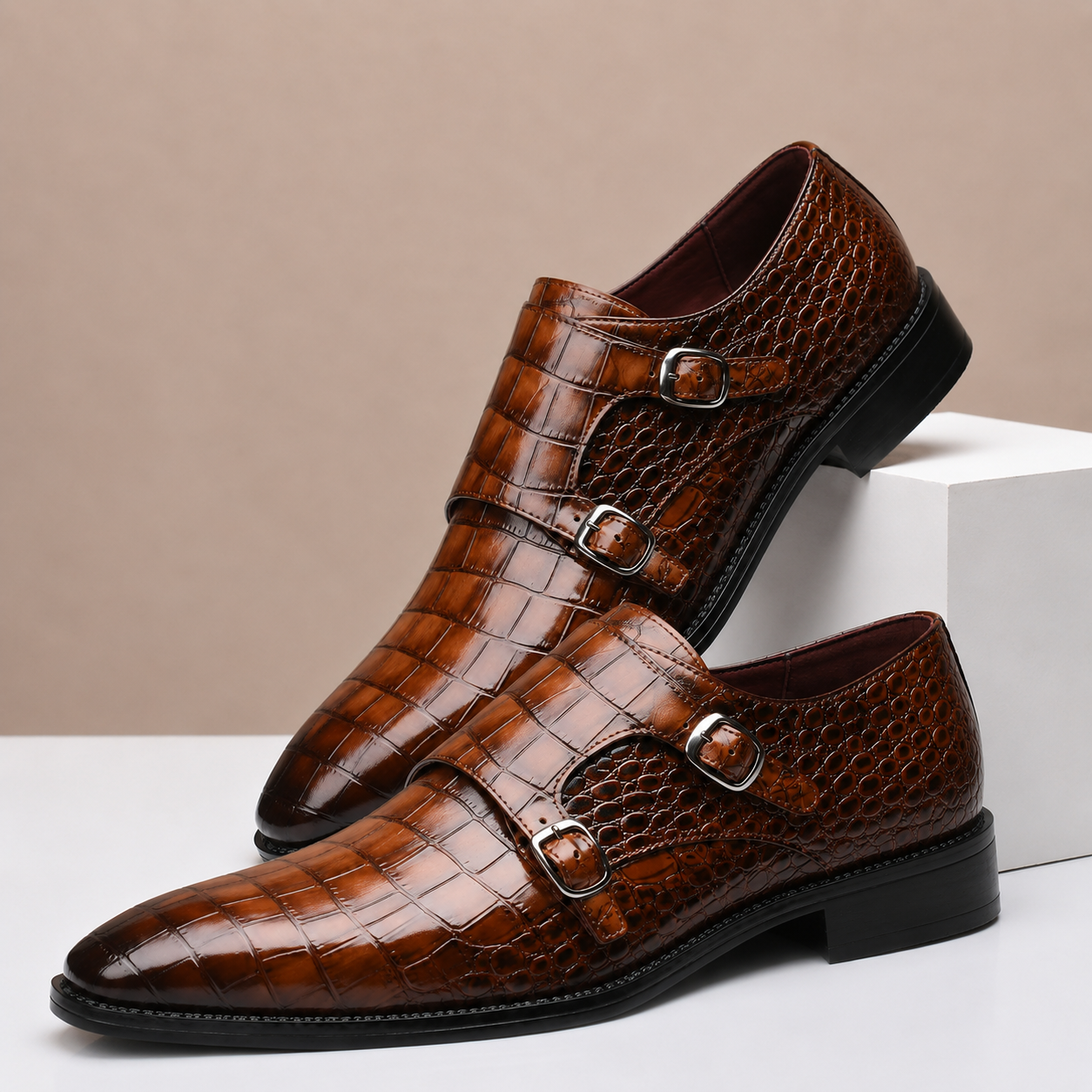 Men's Croc-Embossed Leather Double Monk Dress Shoes – top view | Hensley London