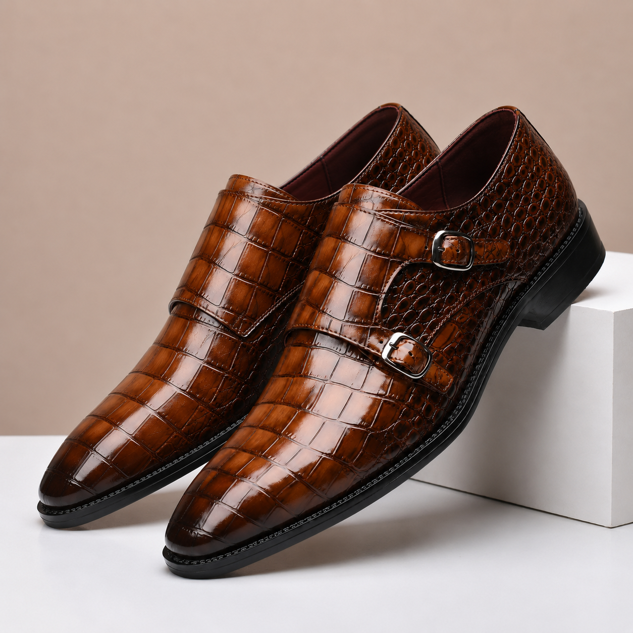 Men's Croc-Embossed Leather Double Monk Dress Shoes – sole view | Hensley London
