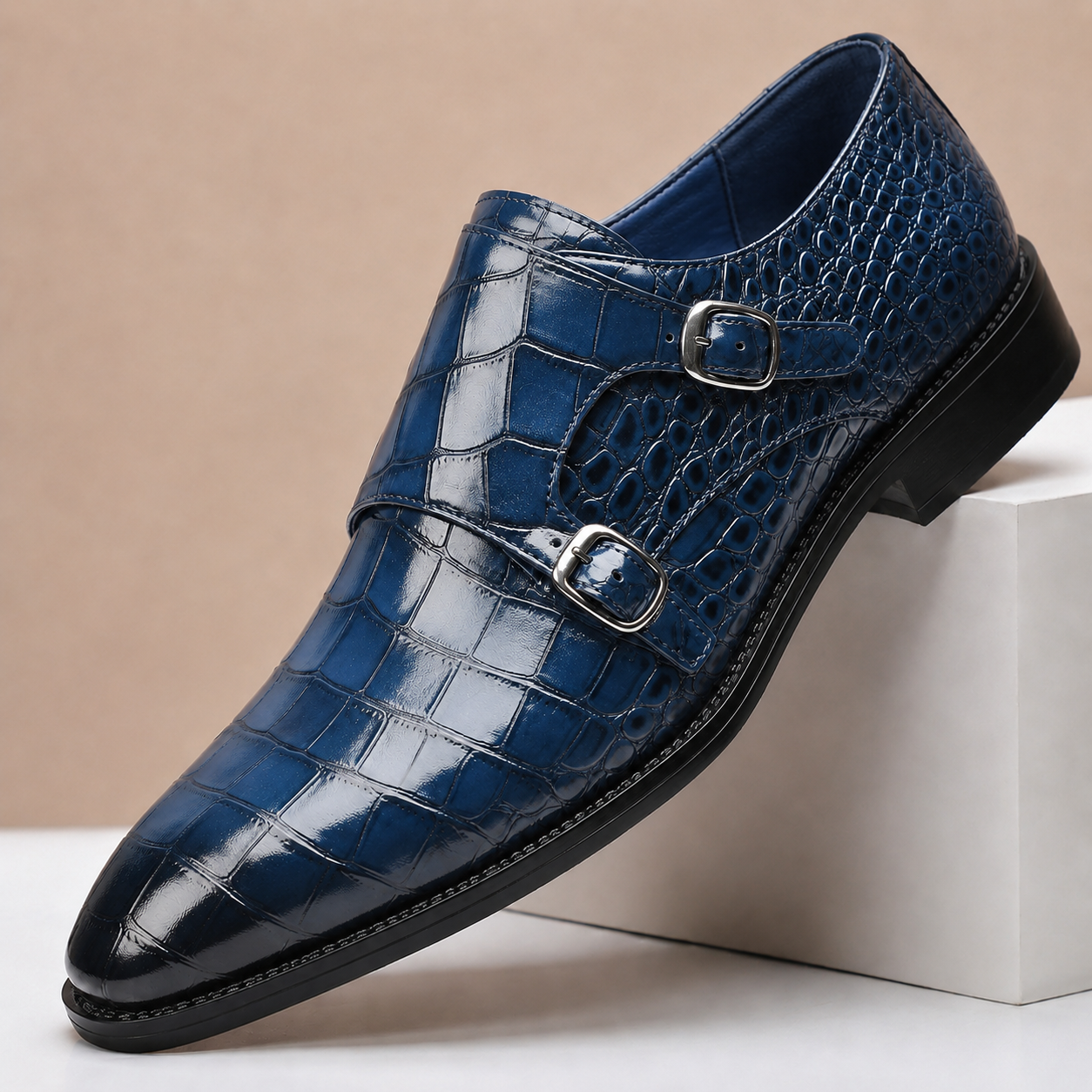 Men's Croc-Embossed Leather Double Monk Dress Shoes – detail view | Hensley London