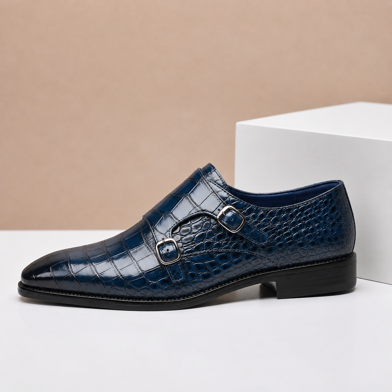 Men's Croc-Embossed Leather Double Monk Dress Shoes – pair view | Hensley London