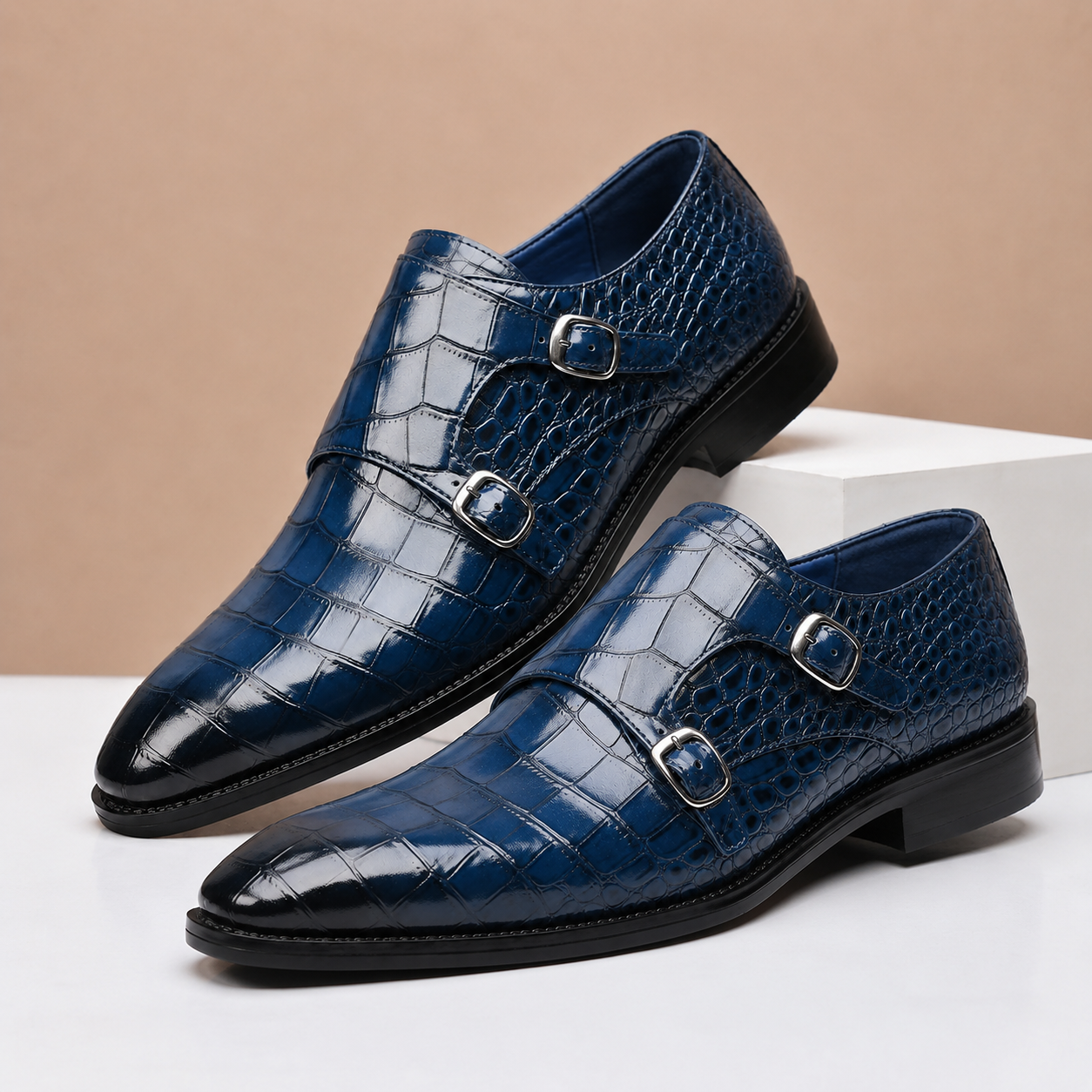 Men's Croc-Embossed Leather Double Monk Dress Shoes – heel view | Hensley London