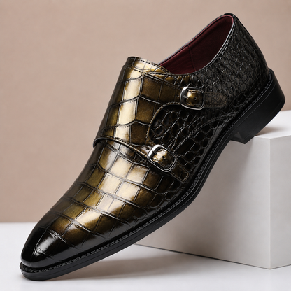 Men's Croc-Embossed Leather Double Monk Dress Shoes – toe view | Hensley London