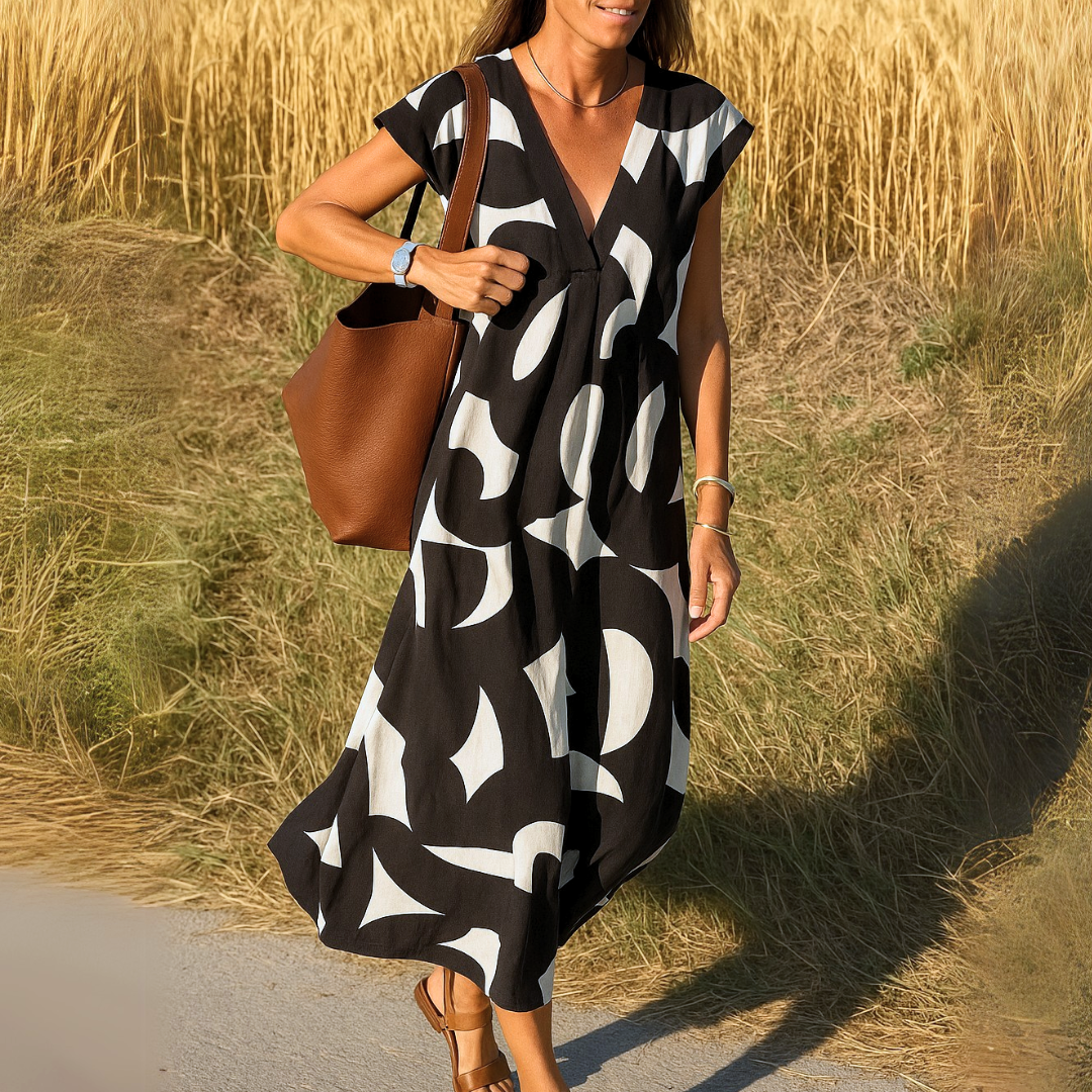 Women's Printed V-Neck Dress – front view | Hensley London