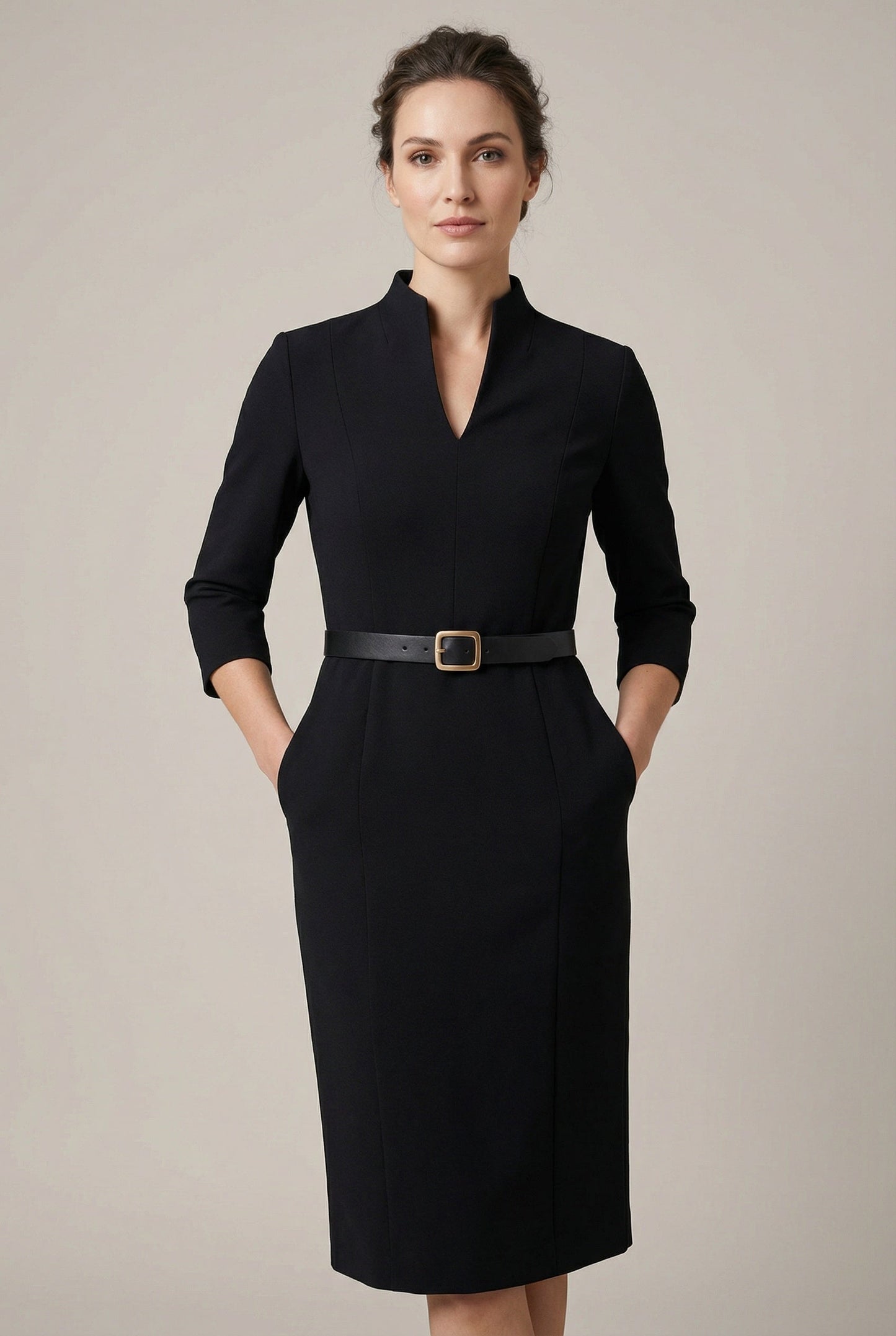 Women's Formal Midi Dress Black Structured Cotton - 1