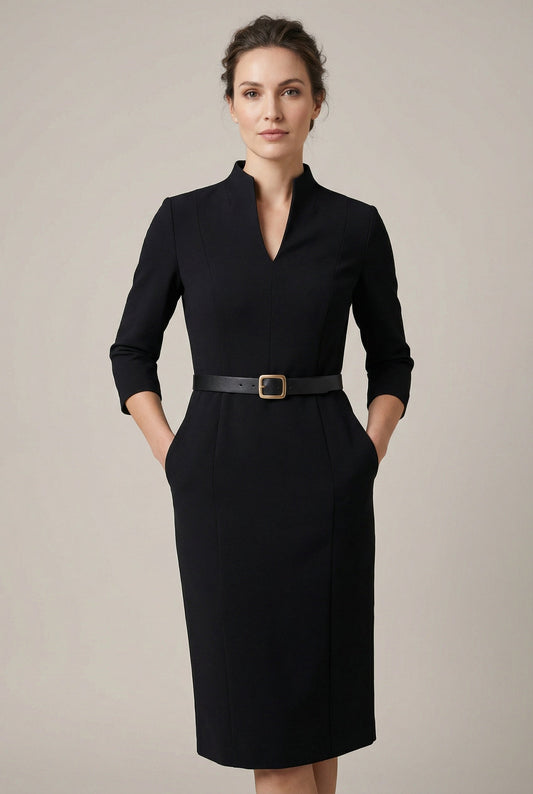 Women's Formal Midi Dress Black Structured Cotton - 1