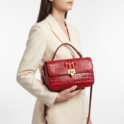 Women's Croc-Embossed Structured Satchel Bag – styled view | Hensley London