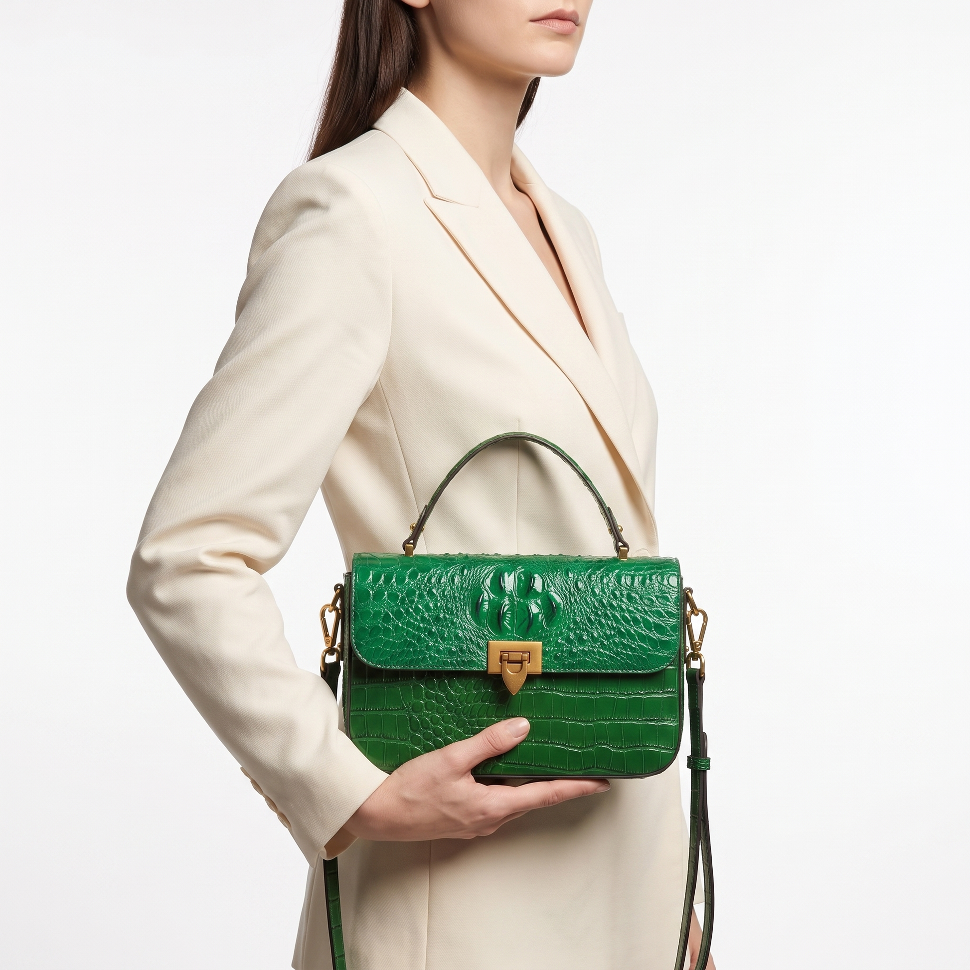 Women's Croc-Embossed Structured Satchel Bag – angle view | Hensley London
