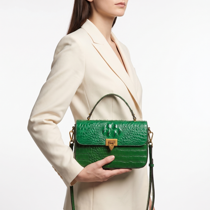 Women's Croc-Embossed Structured Satchel Bag – angle view | Hensley London