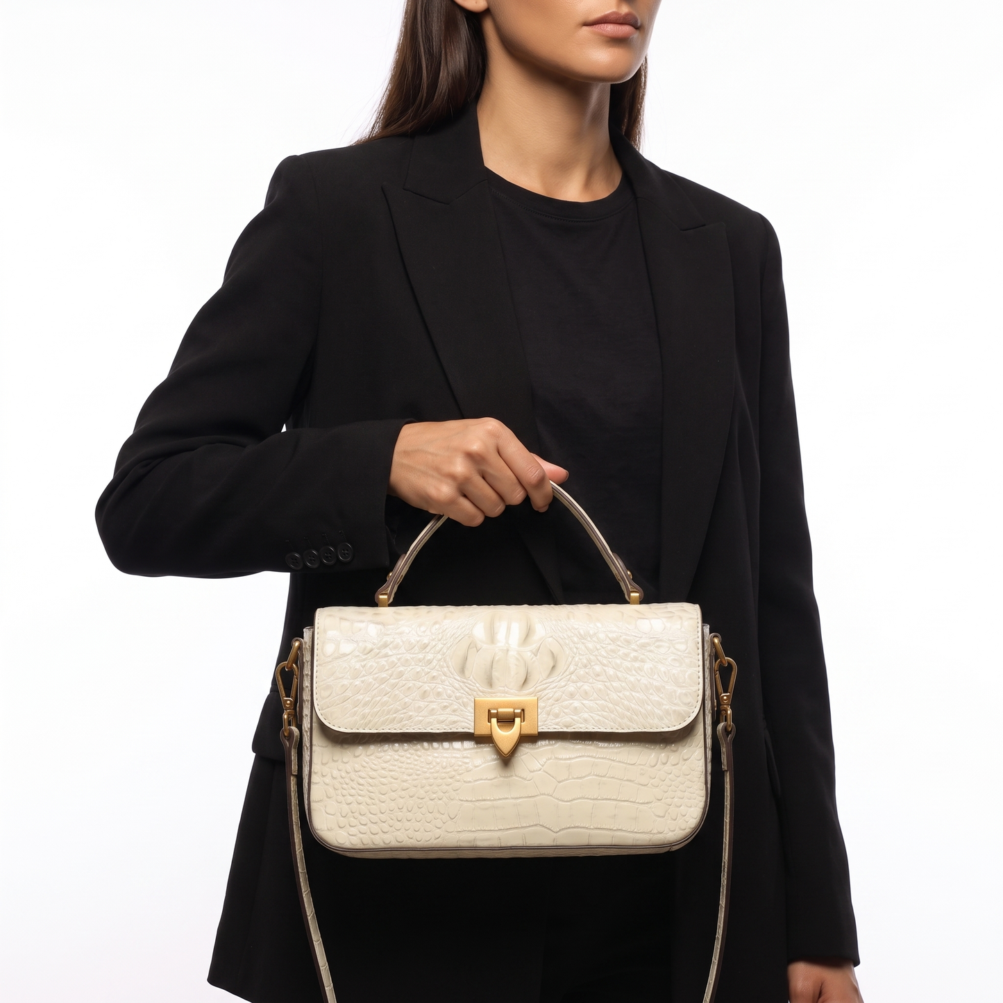 Women's Croc-Embossed Structured Satchel Bag – front view | Hensley London