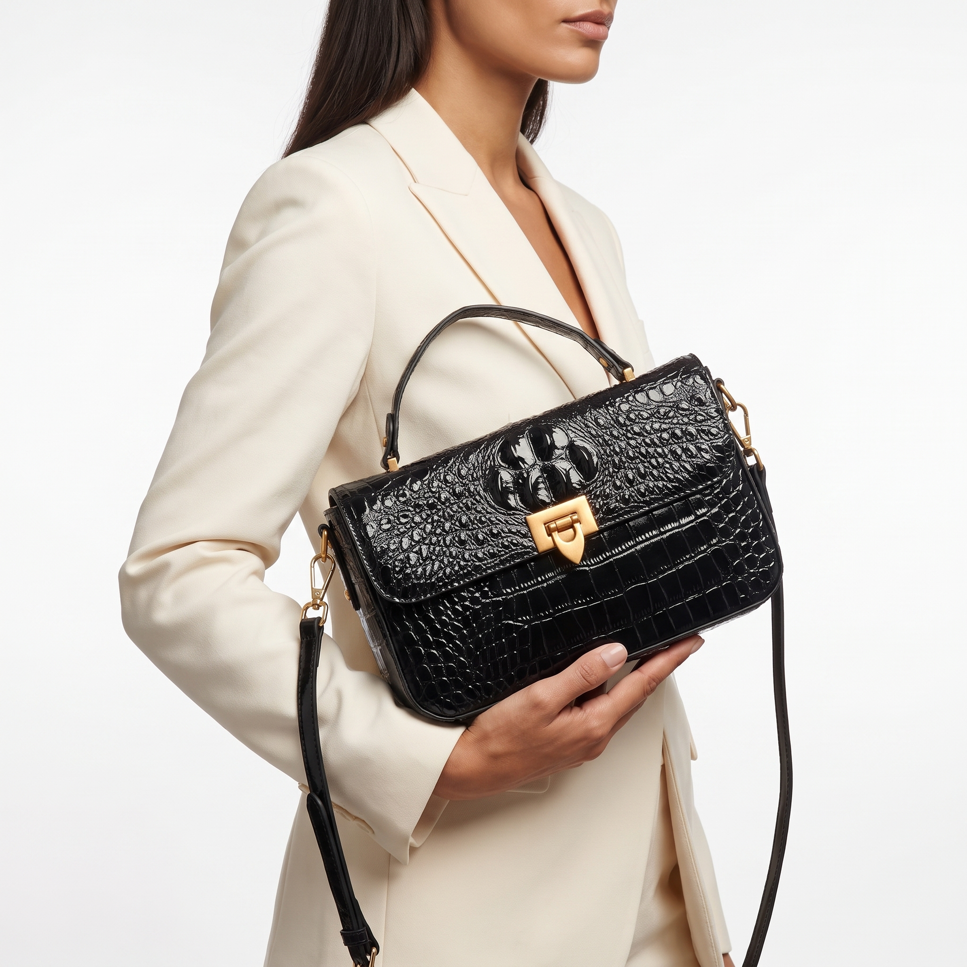 Women's Croc-Embossed Structured Satchel Bag – side view | Hensley London