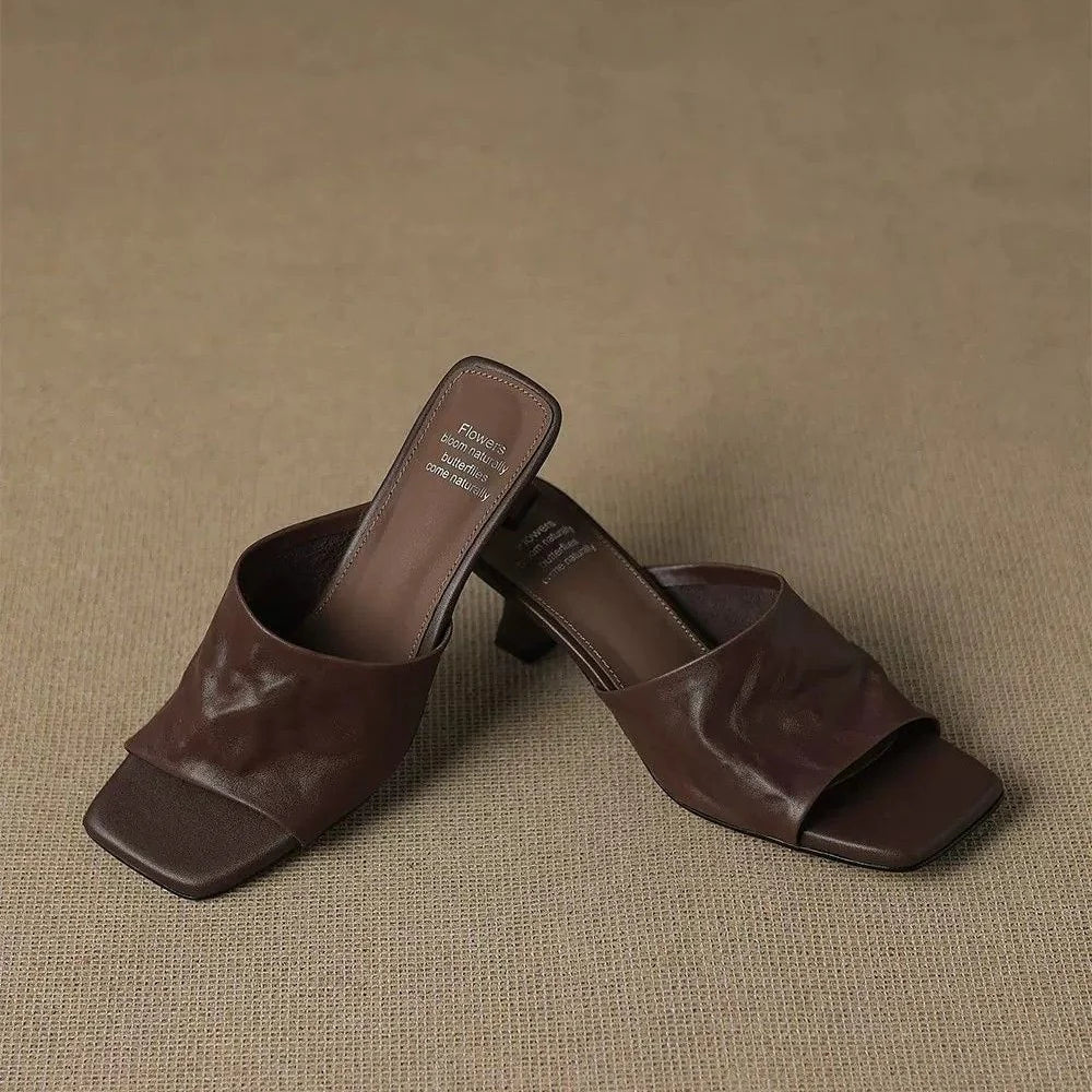 Women's Textured Open-Toe Block-Heel Mules – product view | Hensley London