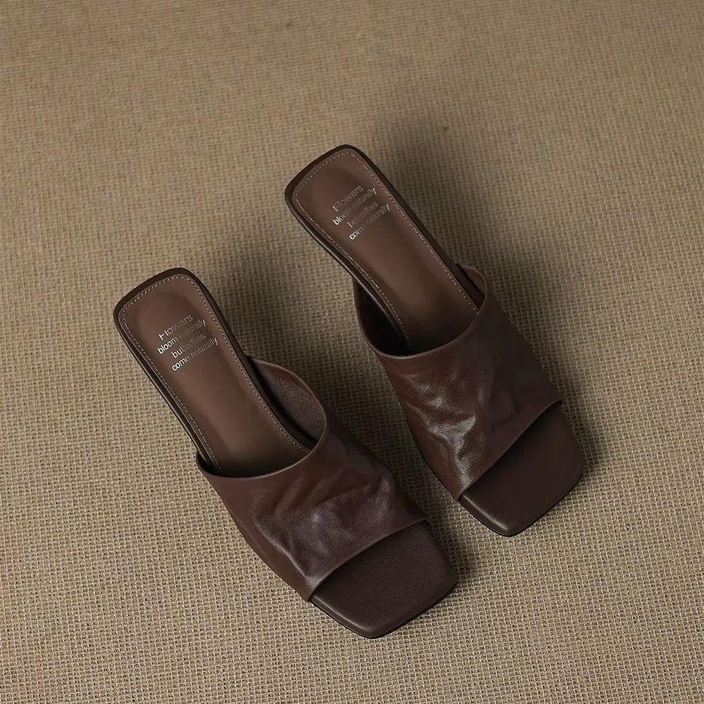 Women's Textured Open-Toe Block-Heel Mules – product view | Hensley London